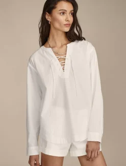 Lucky Brand lace up boyfriend shirt bright white*WOMEN Blouses