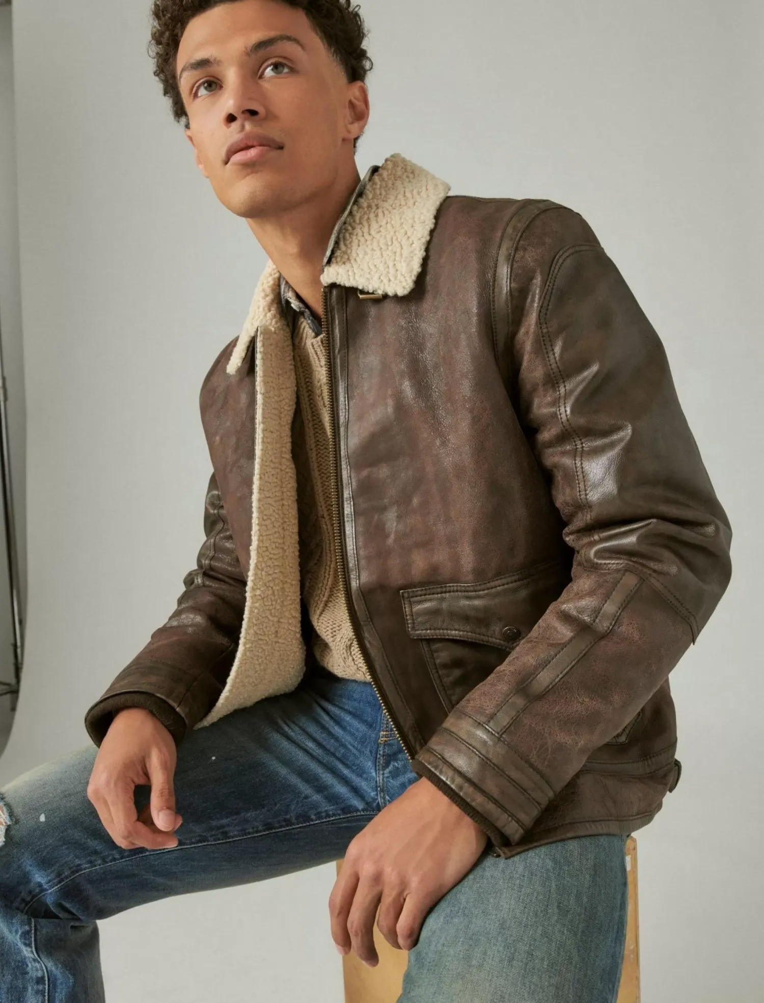 Lucky Brand leather aviator jacket with faux shearling collar pinecone*MEN Jackets & Outerwear