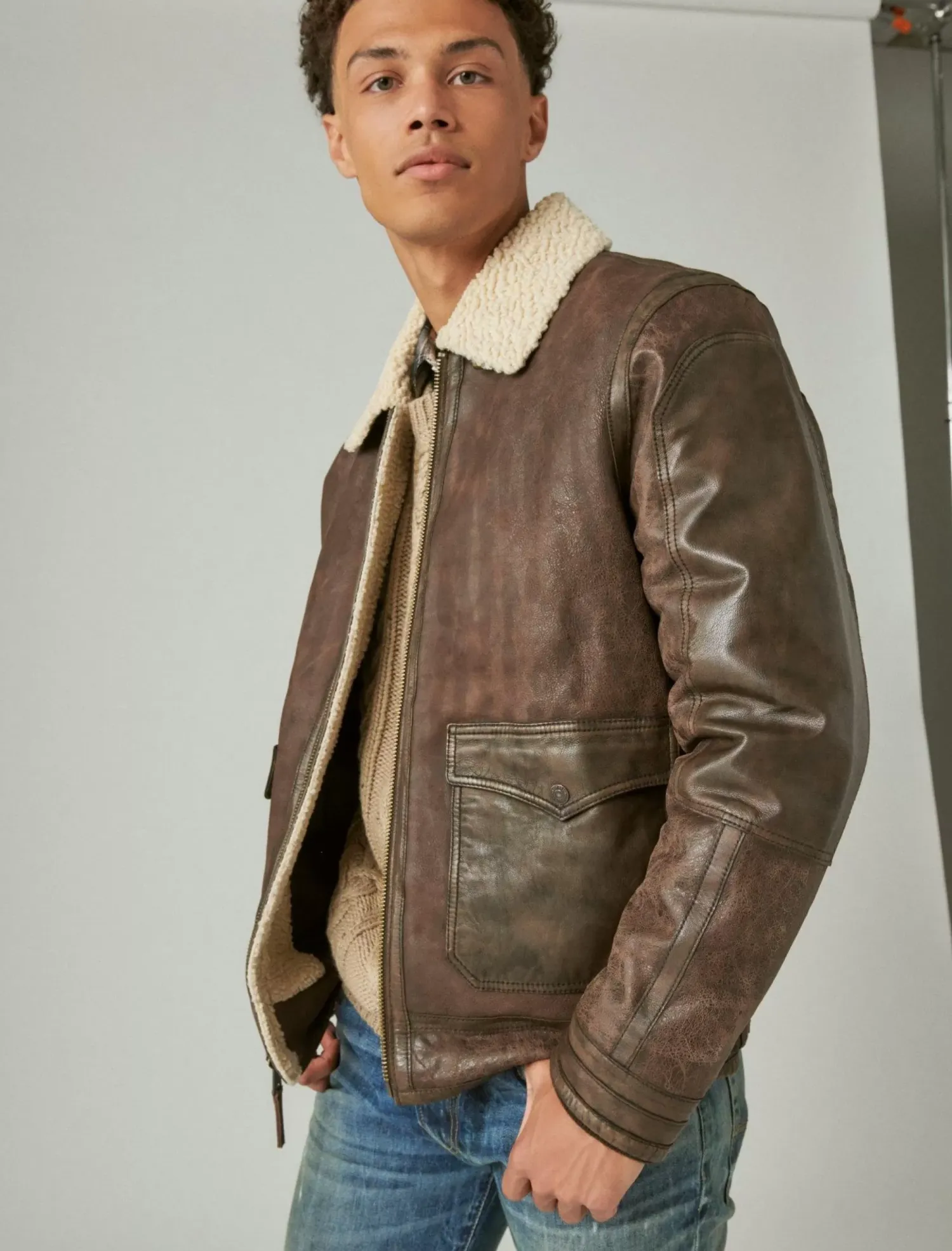 Lucky Brand leather aviator jacket with faux shearling collar pinecone*MEN Jackets & Outerwear