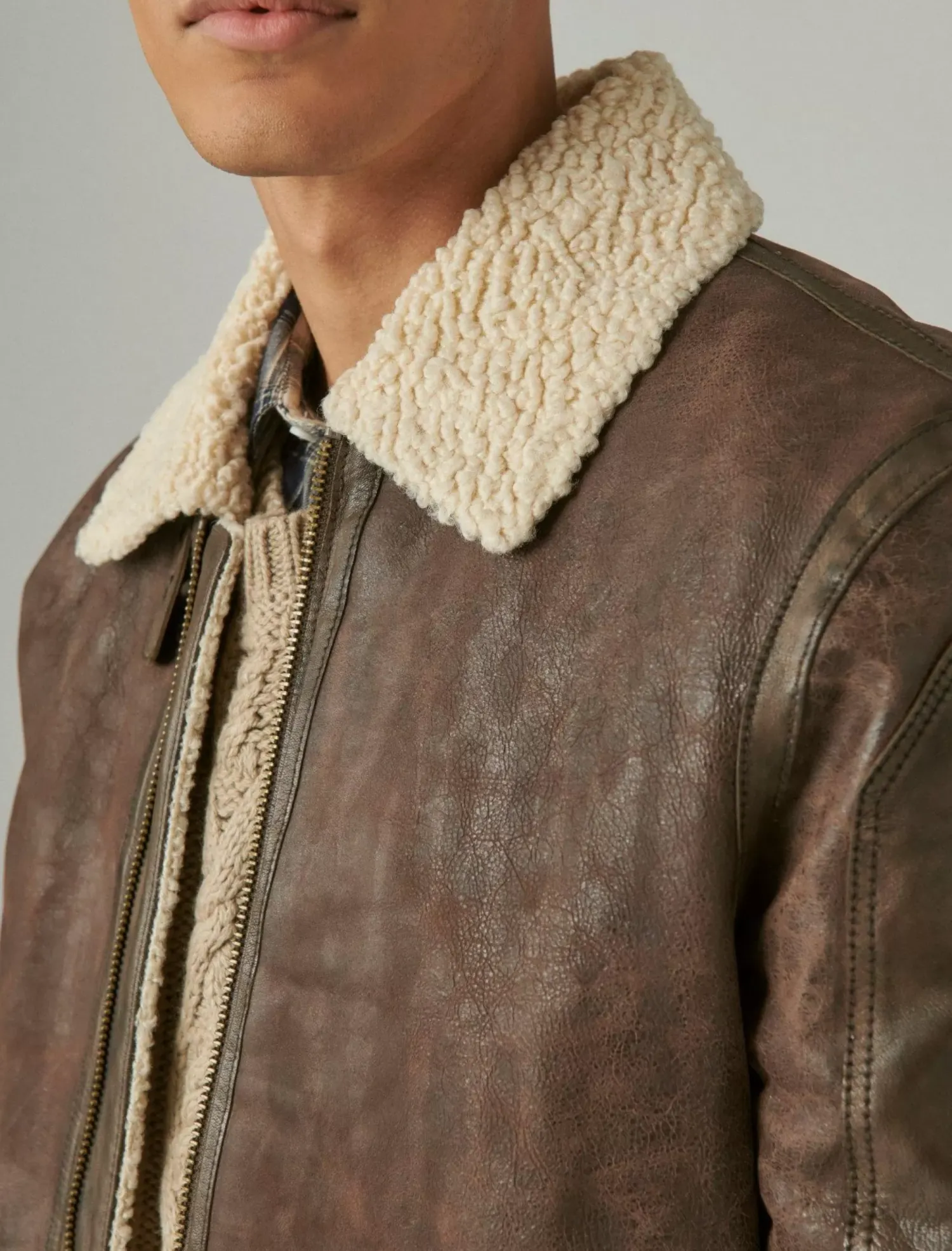 Lucky Brand leather aviator jacket with faux shearling collar pinecone*MEN Jackets & Outerwear