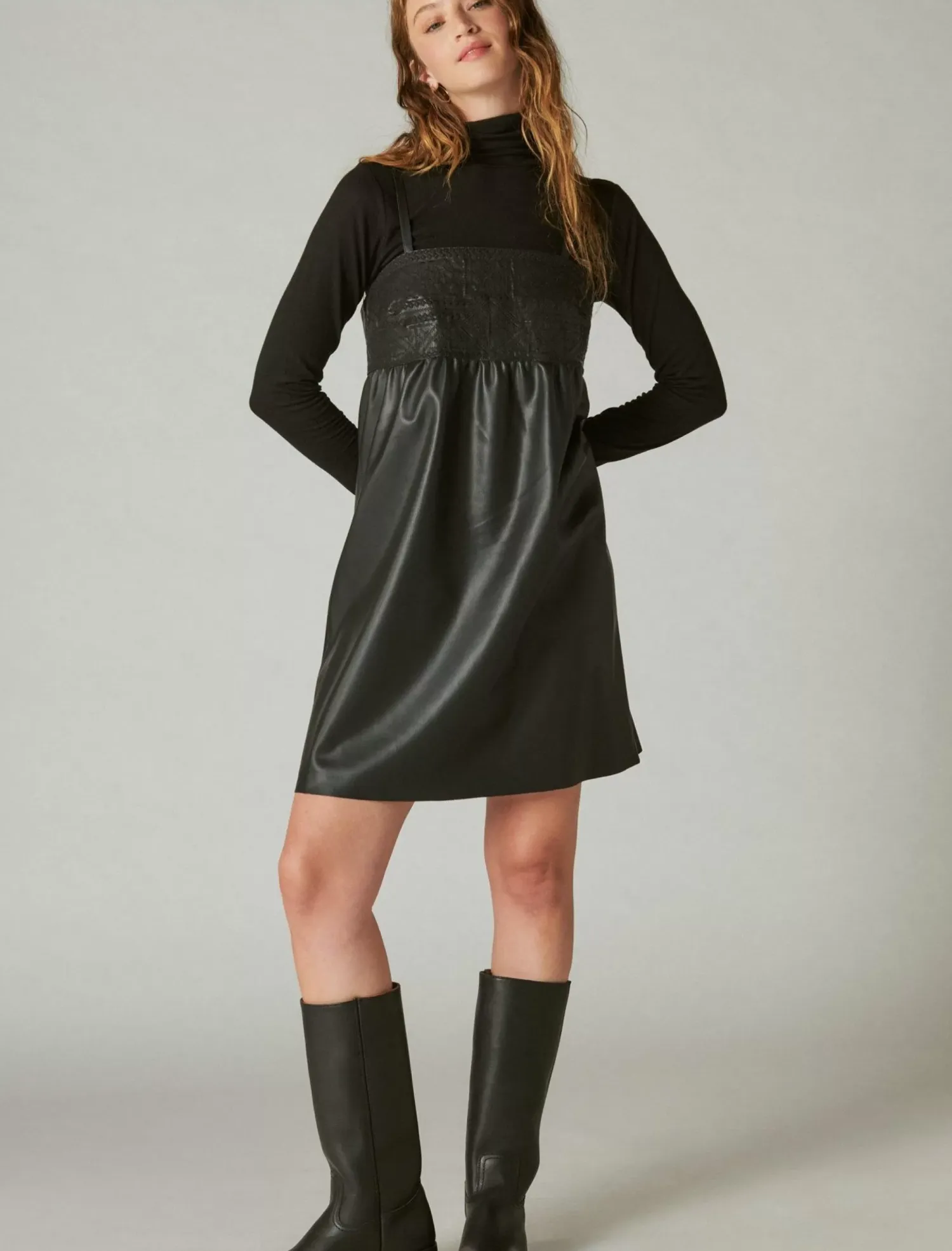 Lucky Brand leather embroidered mini dress caviar*WOMEN Dresses