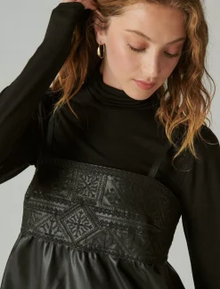Lucky Brand leather embroidered mini dress caviar*WOMEN Dresses