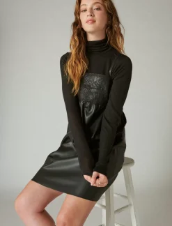 Lucky Brand leather embroidered mini dress caviar*WOMEN Dresses