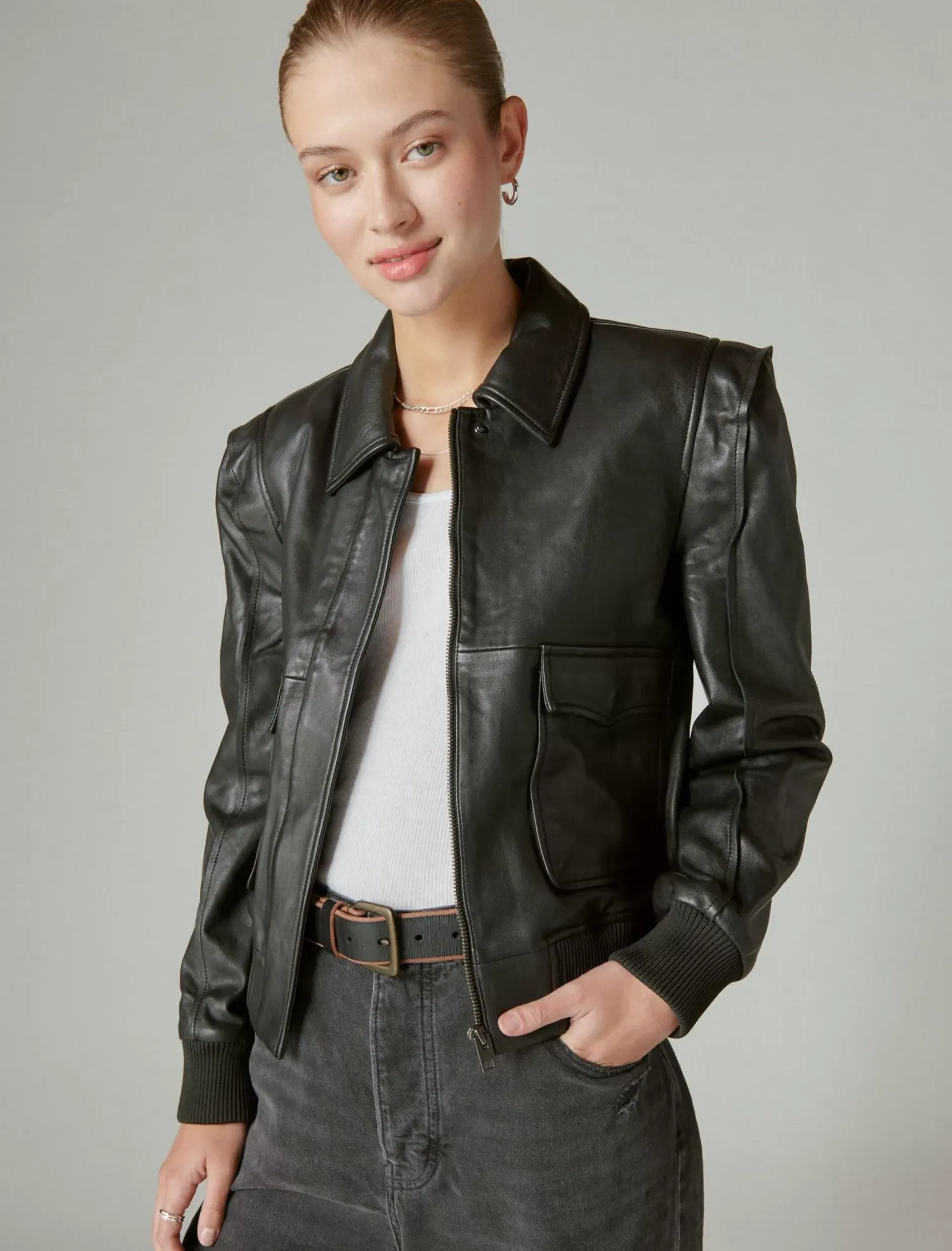 Lucky Brand leather flight jacket 001 lucky black*WOMEN Jackets & Outerwear