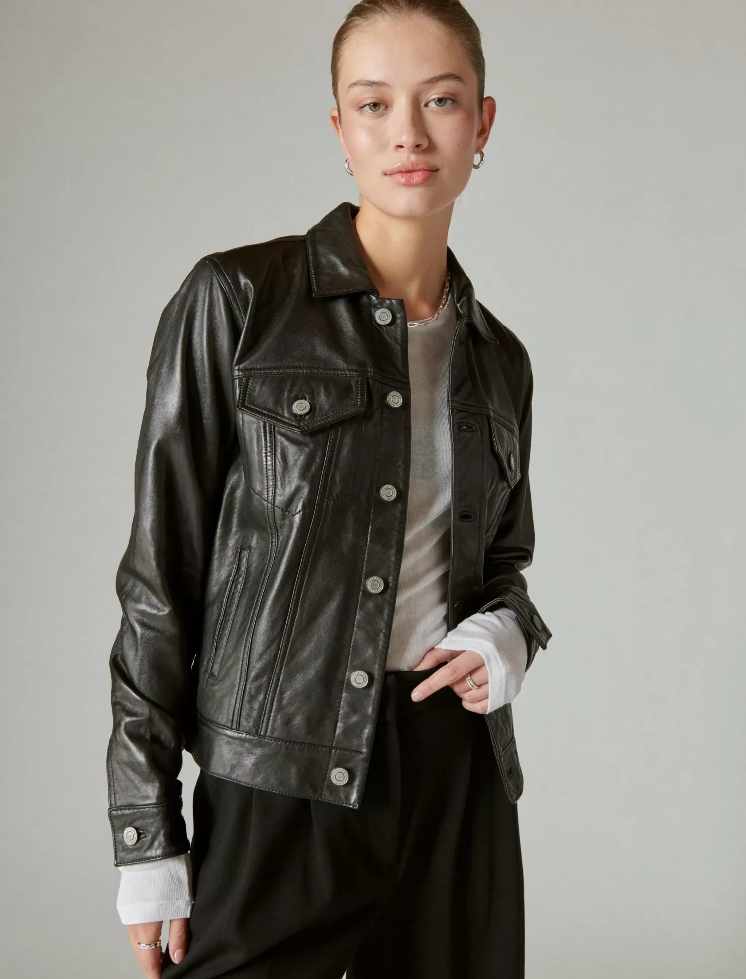Lucky Brand leather trucker jacket 001 lucky black*WOMEN Jackets & Outerwear