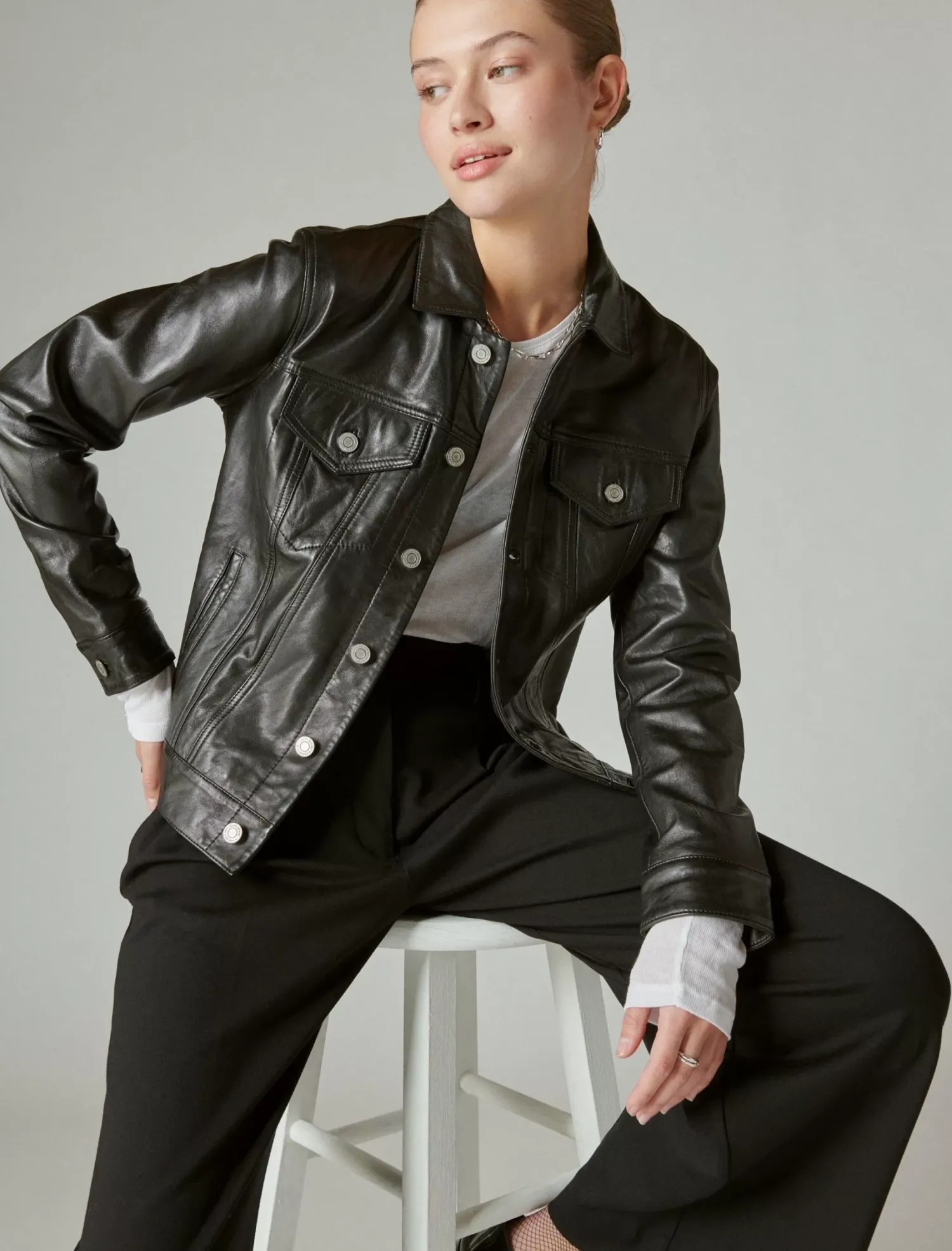 Lucky Brand leather trucker jacket 001 lucky black*WOMEN Jackets & Outerwear