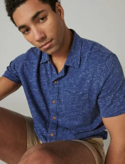 Lucky Brand linen short sleeve button up shirt #40065 blue depths*MEN Button-Downs