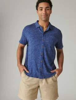 Lucky Brand linen short sleeve button up shirt #40065 blue depths*MEN Button-Downs