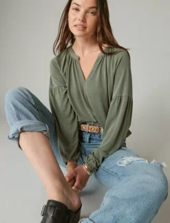 Lucky Brand long sleeve notched neck sandwash top dusty olive*WOMEN Knit Tops
