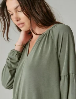 Lucky Brand long sleeve notched neck sandwash top dusty olive*WOMEN Knit Tops