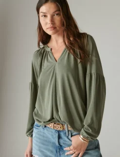 Lucky Brand long sleeve notched neck sandwash top dusty olive*WOMEN Knit Tops