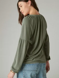Lucky Brand long sleeve notched neck sandwash top dusty olive*WOMEN Knit Tops