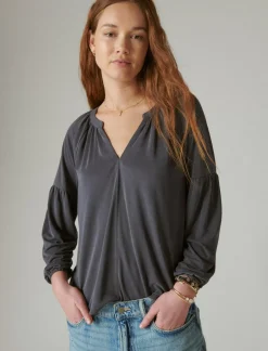 Lucky Brand long sleeve notched neck sandwash top ebony*WOMEN Knit Tops