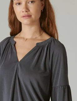 Lucky Brand long sleeve notched neck sandwash top ebony*WOMEN Knit Tops