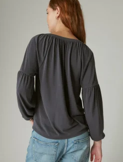 Lucky Brand long sleeve notched neck sandwash top ebony*WOMEN Knit Tops
