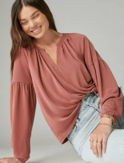 Lucky Brand long sleeve notched neck sandwash top wild ginger*WOMEN Knit Tops
