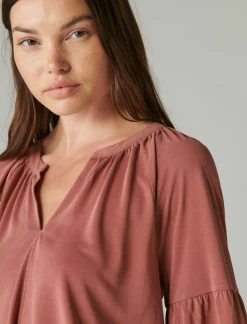 Lucky Brand long sleeve notched neck sandwash top wild ginger*WOMEN Knit Tops