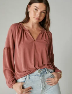 Lucky Brand long sleeve notched neck sandwash top wild ginger*WOMEN Knit Tops