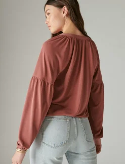 Lucky Brand long sleeve notched neck sandwash top wild ginger*WOMEN Knit Tops