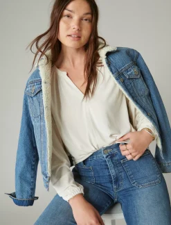 Lucky Brand long sleeve notched neck sandwash top ethereal white*WOMEN Knit Tops