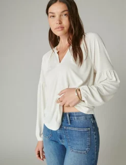Lucky Brand long sleeve notched neck sandwash top ethereal white*WOMEN Knit Tops
