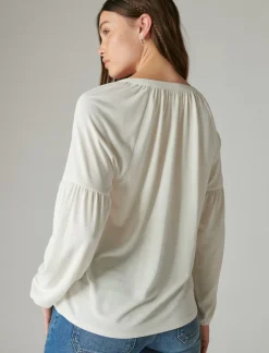 Lucky Brand long sleeve notched neck sandwash top ethereal white*WOMEN Knit Tops