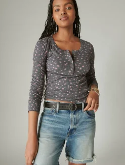 Lucky Brand long sleeve ribbed snap henley black floral print*WOMEN Knit Tops