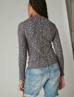 Lucky Brand long sleeve ribbed snap henley black floral print*WOMEN Knit Tops