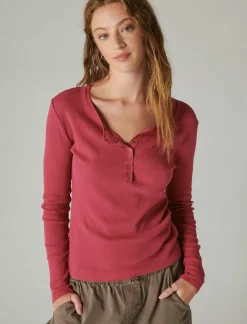 Lucky Brand long sleeve ribbed snap henley anemone*WOMEN Knit Tops