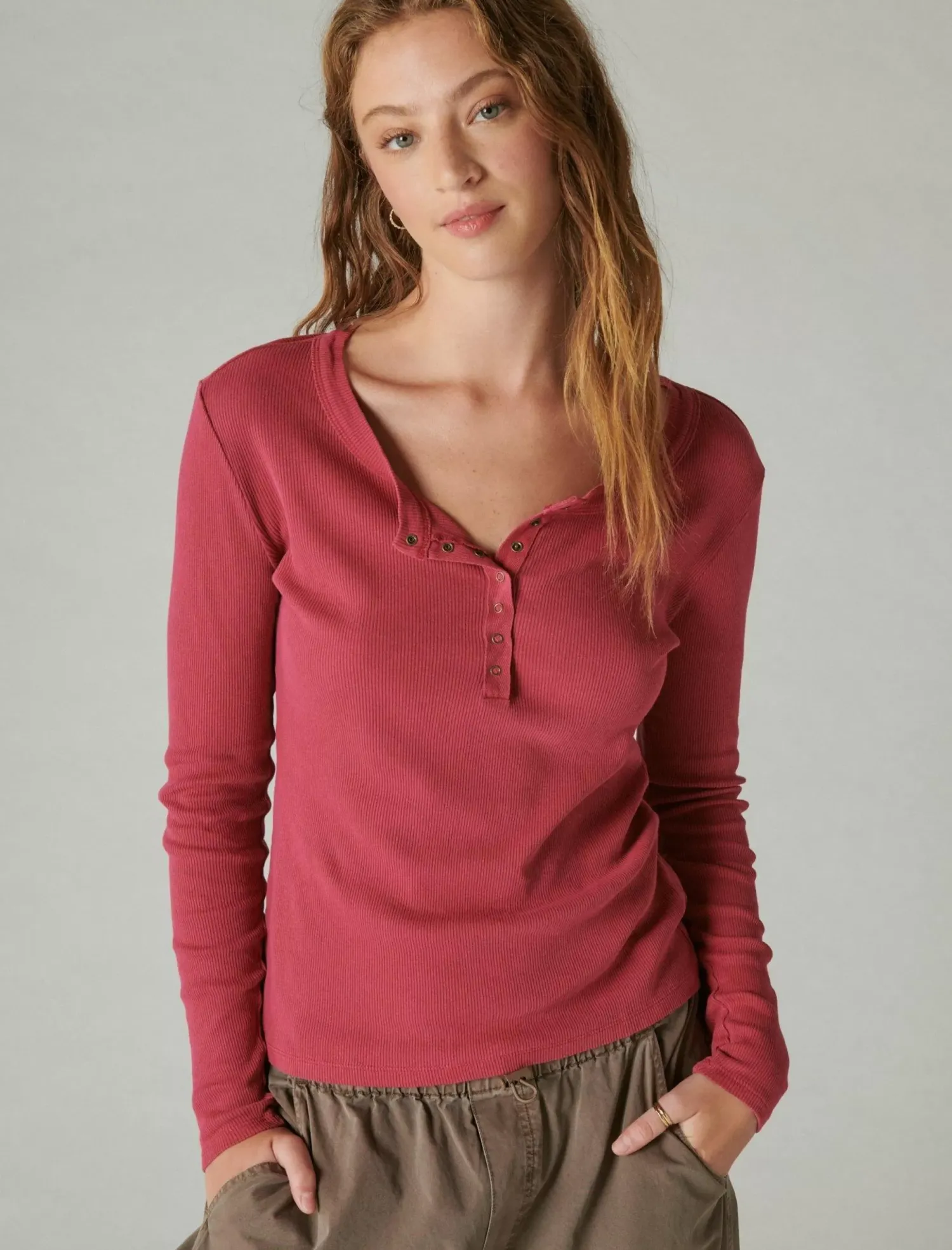 Lucky Brand long sleeve ribbed snap henley anemone*WOMEN Knit Tops