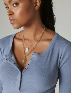 Lucky Brand long sleeve ribbed snap henley tempest*WOMEN Knit Tops