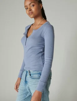 Lucky Brand long sleeve ribbed snap henley tempest*WOMEN Knit Tops