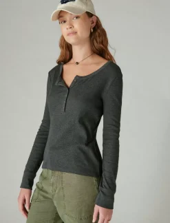 Lucky Brand long sleeve ribbed snap henley jet black*WOMEN Knit Tops