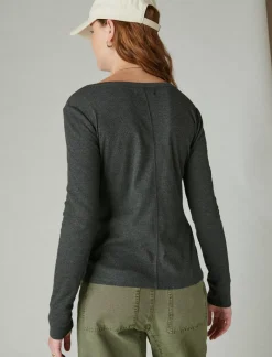 Lucky Brand long sleeve ribbed snap henley jet black*WOMEN Knit Tops