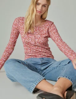 Lucky Brand long sleeve ribbed snap henley red multi*WOMEN Knit Tops