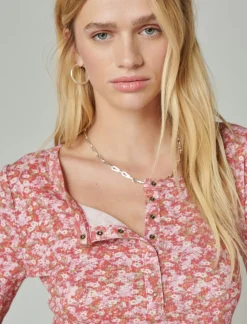 Lucky Brand long sleeve ribbed snap henley red multi*WOMEN Knit Tops