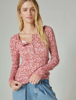 Lucky Brand long sleeve ribbed snap henley red multi*WOMEN Knit Tops