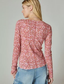 Lucky Brand long sleeve ribbed snap henley red multi*WOMEN Knit Tops