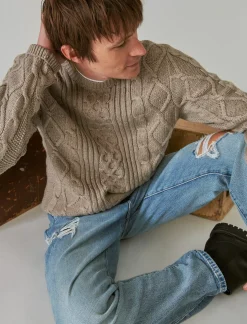 Lucky Brand mixed stitch tweed crew neck sweater vintage khaki*MEN Sweaters