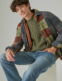 Lucky Brand mixed stitch tweed crew neck sweater olive night*MEN Sweaters