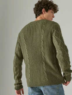 Lucky Brand mixed stitch tweed crew neck sweater olive night*MEN Sweaters