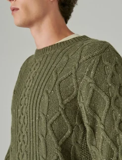 Lucky Brand mixed stitch tweed crew neck sweater olive night*MEN Sweaters