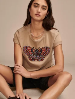 Lucky Brand multi color butterfly classic crew light taupe*WOMEN Graphic Tees