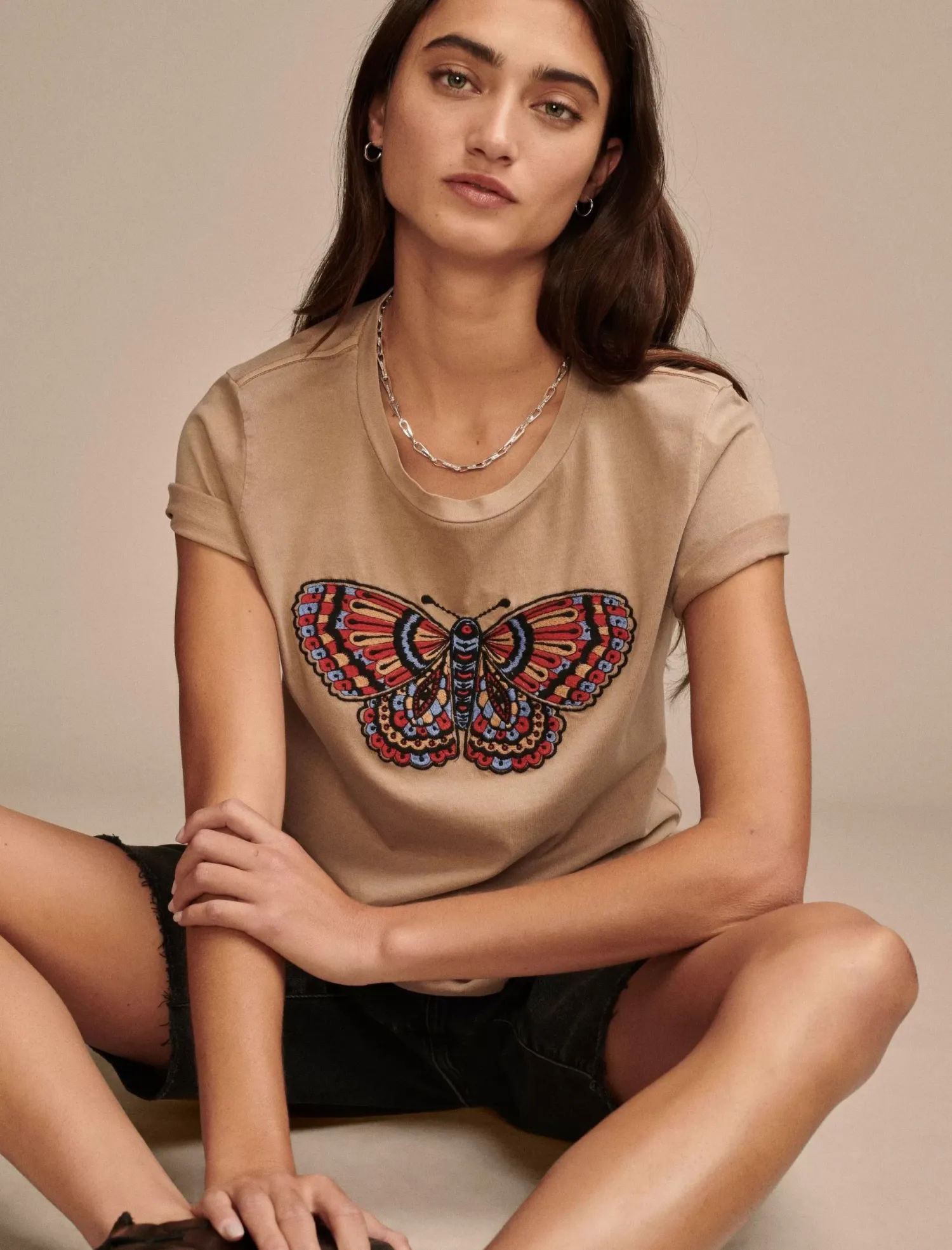Lucky Brand multi color butterfly classic crew light taupe*WOMEN Graphic Tees