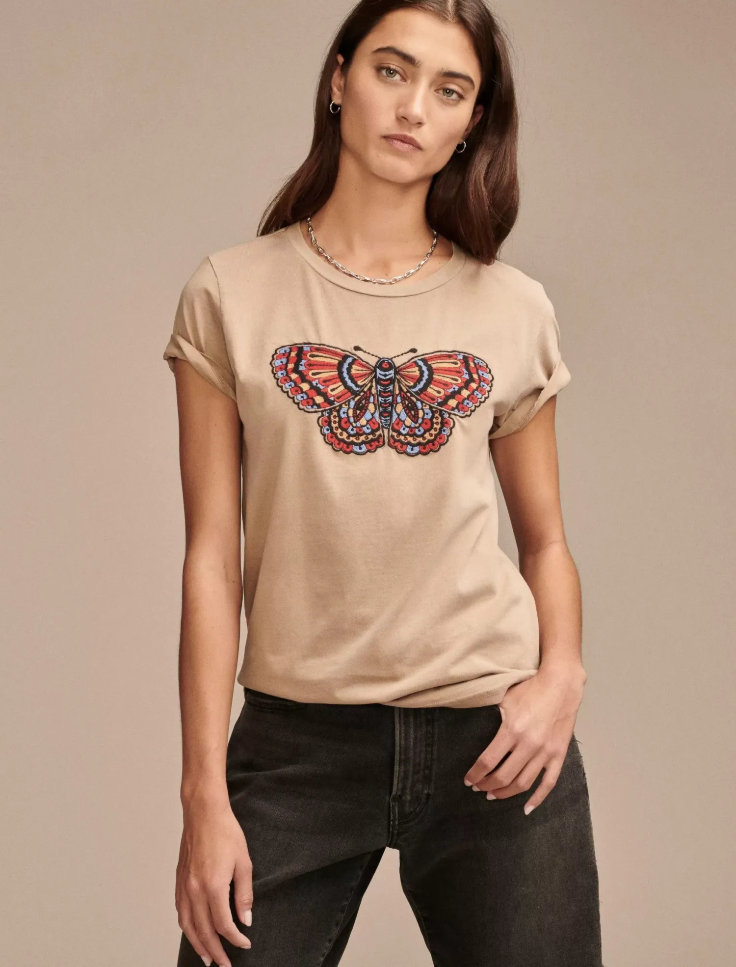Lucky Brand multi color butterfly classic crew light taupe*WOMEN Graphic Tees