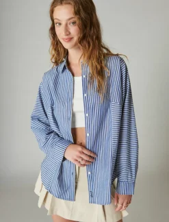 Lucky Brand multi stripe oversized seamed shirt sodalite blue stripe*WOMEN Blouses