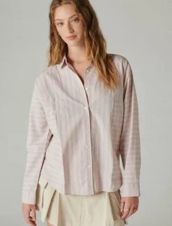 Lucky Brand multi stripe oversized seamed shirt dawn pink stripe*WOMEN Blouses