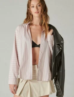Lucky Brand multi stripe oversized seamed shirt dawn pink stripe*WOMEN Blouses