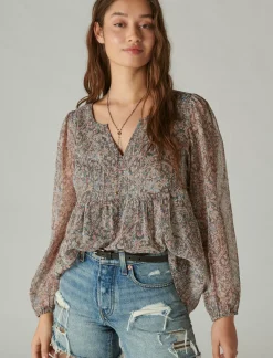 Lucky Brand open neck printed peasant top pink multi*WOMEN Blouses