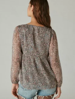 Lucky Brand open neck printed peasant top pink multi*WOMEN Blouses